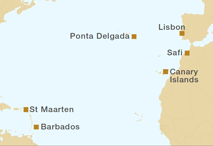 Område där vi seglar över Atlanten, från Lissabon via Marocko, Madeira och över till Karibien